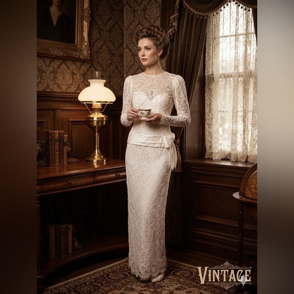 Lizette Creations Dresses & Skirts - Vintage Elegant Ivory Lace Long-Sleeve Sheath Dress